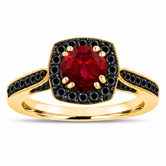 Garnet and Black Diamond Engagement Ring 1.46 Carat Unique Halo 14K White Yellow or Rose Gold Handmade Certified