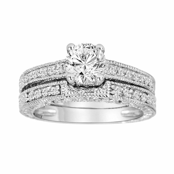 1 Carat Diamond Engagement Ring Set, Bridal Rings Set, Gia Certified 14K White Gold Unique Vintage Antique Style Engraved Handmade 1 Carat Diamond Engagement Ring Set, Bridal Rings Set, Gia Certified 14K White Gold Unique Vintage Antique Style Engraved Handmade