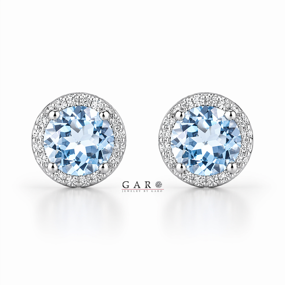 Platinum Aquamarine and Diamonds Halo Earrings, Micro Pave 1.76 Carat Unique Handmade Certified