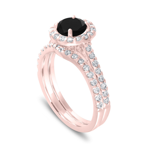 Black Diamond Halo Engagement Ring Set 1.88 Carat 14K Rose Gold Unique Certified Handmade