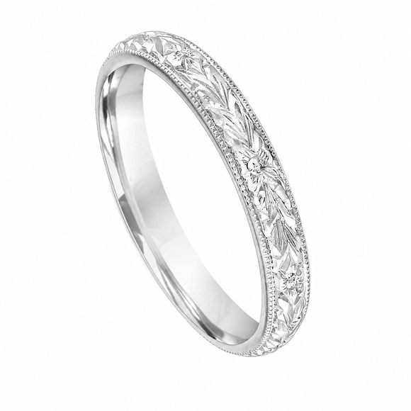 Nature Inspired Women’s Wedding Band 14K White Gold Hand Engraved Vintage Ring 3mm Handmade