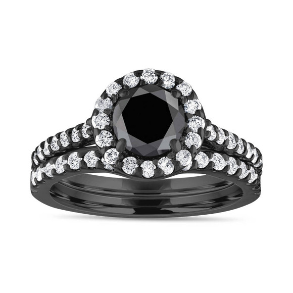Black Diamond Halo Engagement Ring and Wedding Band Set 1.88 Carat 14K Black Gold Vintage Style Certified Handmade