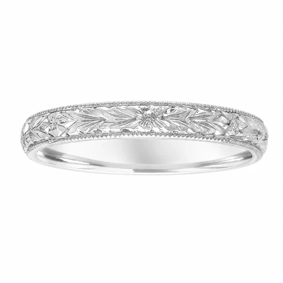 Hand Engraved Wedding Band 18K White Gold, Vintage Wedding Ring, Womens Wedding Band, Unique Wedding Band, 3 mm Anniversary Band Handmade