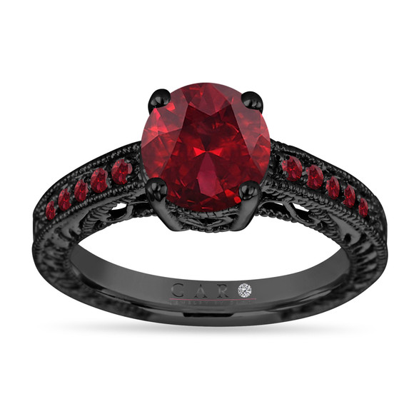 Garnet Engagement Ring 2.25 Carat 14K Black Gold Vintage Style Scroll Engraved Unique Certified Handmade
