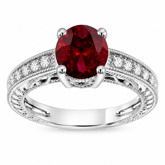 Garnet and Diamonds Filigree Engagement Ring 2.15 Carat Vintage Bridal Anniversary Ring 14K White Gold Handmade Unique