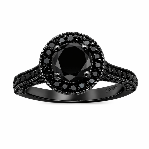 2.00 Carat Black Diamond Halo Engagement Ring Vintage Style 14K Black Gold Certified Handmade