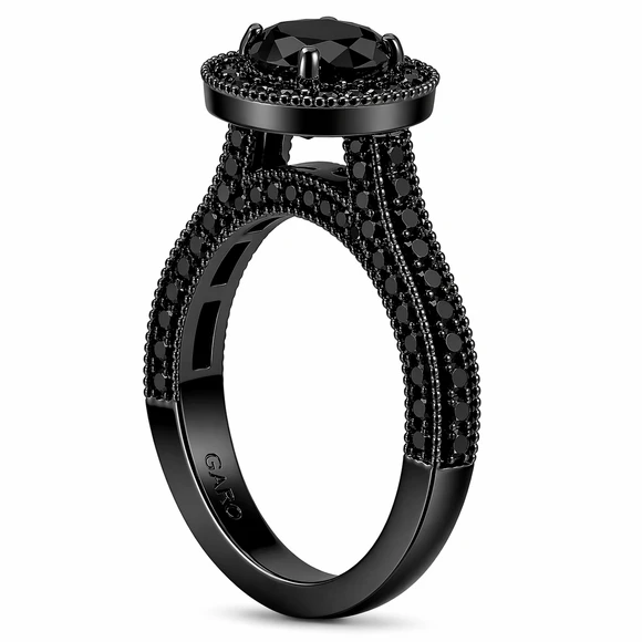 2.00 Carat Black Diamond Halo Engagement Ring Vintage Style 14K Black Gold Certified Handmade