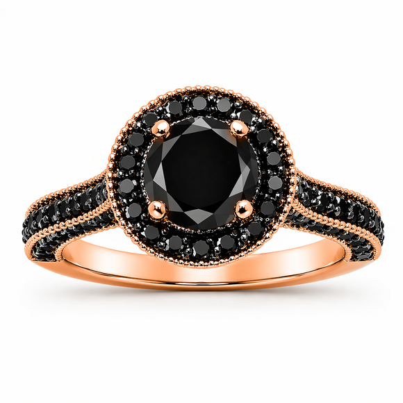 2 Carat Black Diamond Halo Engagement Ring 14K Rose Gold Certified Handmade