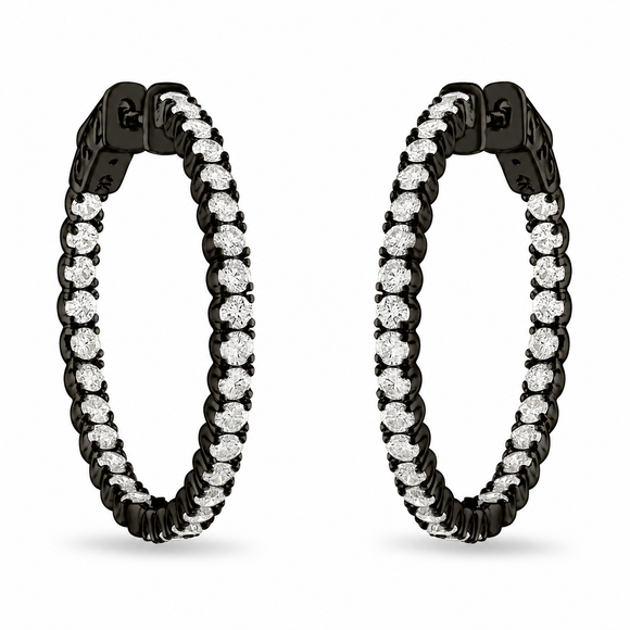 Inside Out Natural Diamond Hoop Earrings 2.10 Carat 14K Black Gold 1 Inch Handmade Certified