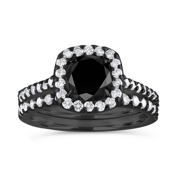 2 Carat Black Diamond Cushion Halo Engagement Ring Set 14K Black Gold Vintage Style Certified Handmade