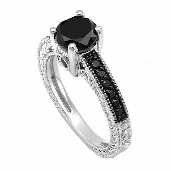 Platinum Black Diamond Engagement Ring, 0.79 Carat Unique Vintage Style Engraved Handmade Certified