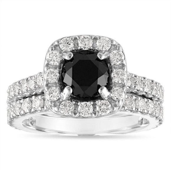 Black Diamond Halo Engagement Ring Sets 2.65 Carat 14K White Gold Unique Certified Handmade