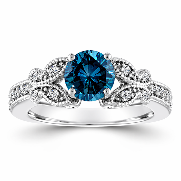 Blue Diamond Engagement Ring, Butterfly Wedding Ring 14K White Gold 1.20 Carat Certified Pave Handmade Unique