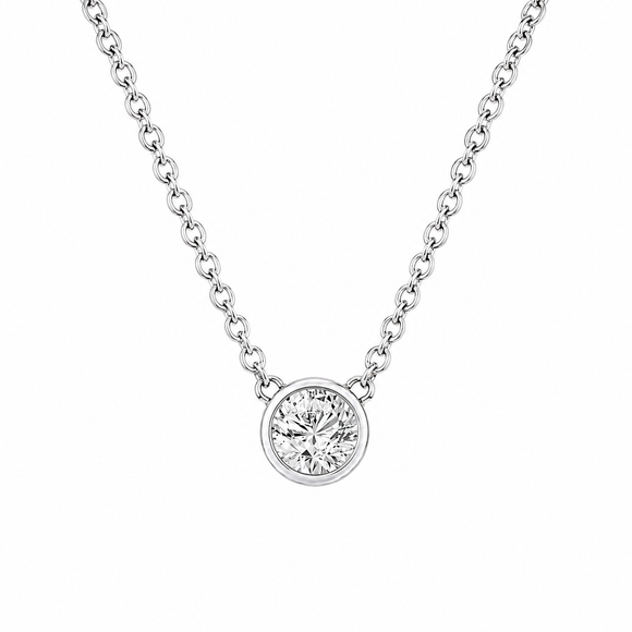0.50 Carat Solitaire Diamond Pendant Necklace, Diamond By The Yard Necklace, 14K White Gold G VS2 Handmade Low Bezel Set GIA Certified Handmade