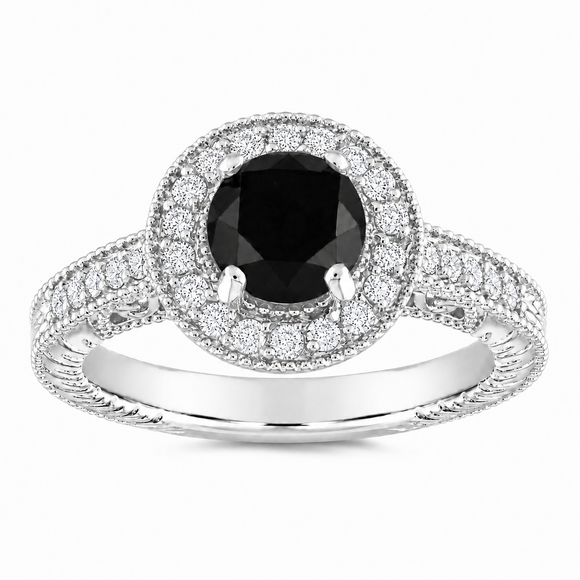 Black Diamond Halo Engagement Ring 1.48 Carat Vintage Unique Filigree Handmade Certified 14K White Gold Yellow Gold Rose Gold