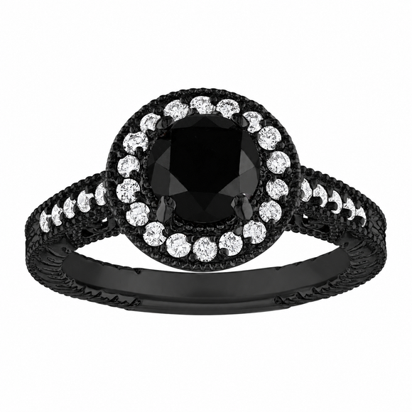 Black Diamond Engagement Ring 1.48 Carat Unique Vintage Filigree Halo Heart Design Certified Handmade 14K Black Gold