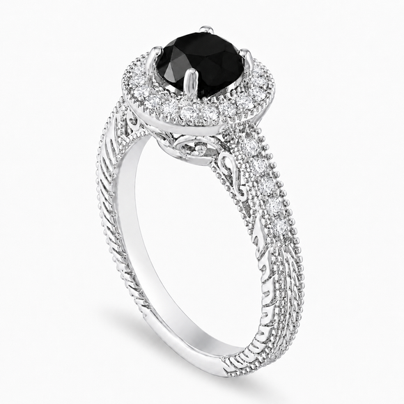 Platinum Black and White Diamond Engagement Ring 1.48 Carat Vintage Filigree Unique Heart Design Halo Handmade Certified
