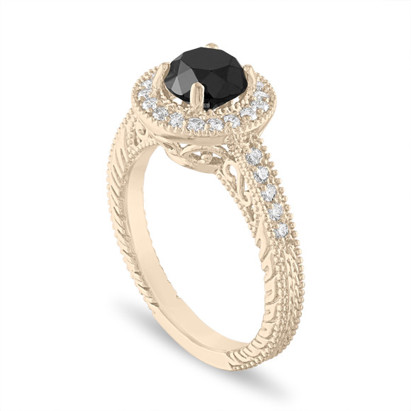 18K Yellow Gold Black Diamond Engagement Ring Halo Filigree 1.48 Carat Certified Handmade Unique