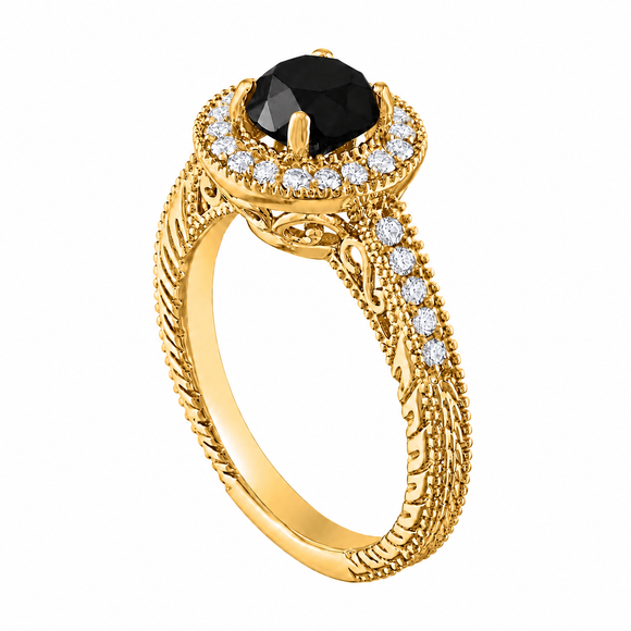 Unique Black Diamond Halo Engagement Ring 1.48 Carat Vintage Filigree Handmade Certified 18K White Gold Yellow Gold Rose Gold Black Gold