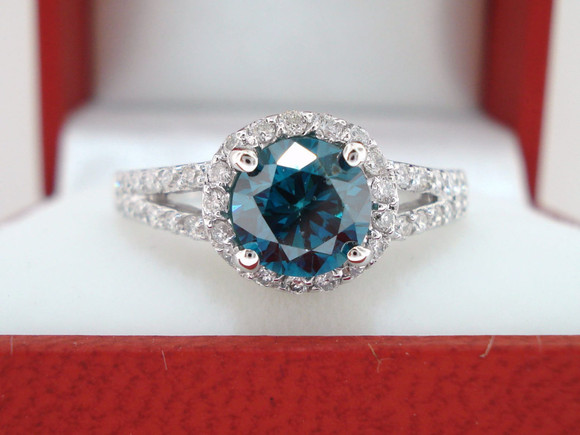 VS2 Blue Diamond Halo Engagement Ring 1.35 Carat 14K White Gold Certified Handmade