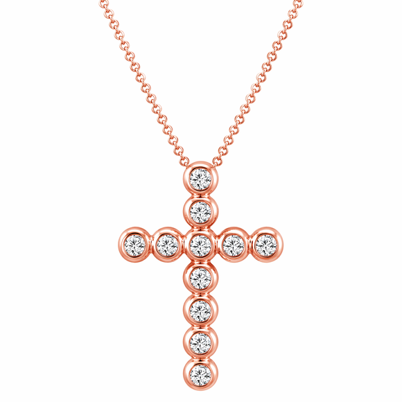 Diamond Cross Pendant Necklace 0.44 Carat 14K Rose Gold Certified Handmade