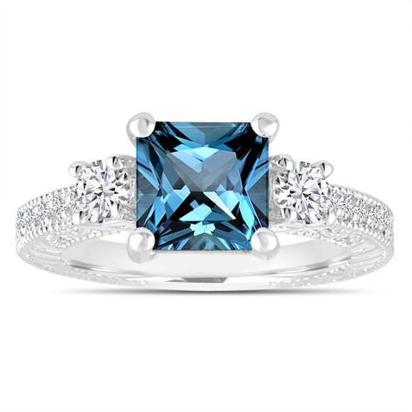 Princess Cut London Blue Topaz & Diamonds Engagement Ring 2.13 Carat 14K White Gold or Rose Gold Vintage Scroll Design Unique Certified Handmade