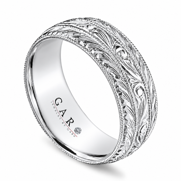 8mm Platinum Men’s Hand Engraved Wedding Band Nature Inspired Unique Scroll Design Milgrain Handmade