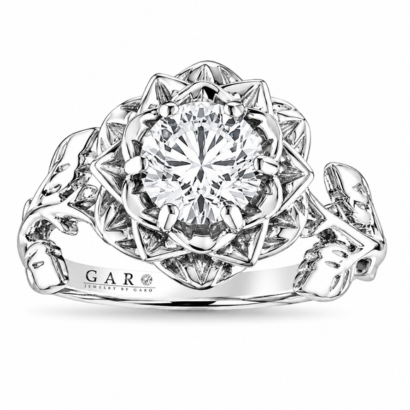 Floral Solitaire Diamond Engagement Ring, Rose Flower Unique Anniversary Ring,  1.01 Carat  GIA Certified 14K White, Rose, Yellow Gold Handmade