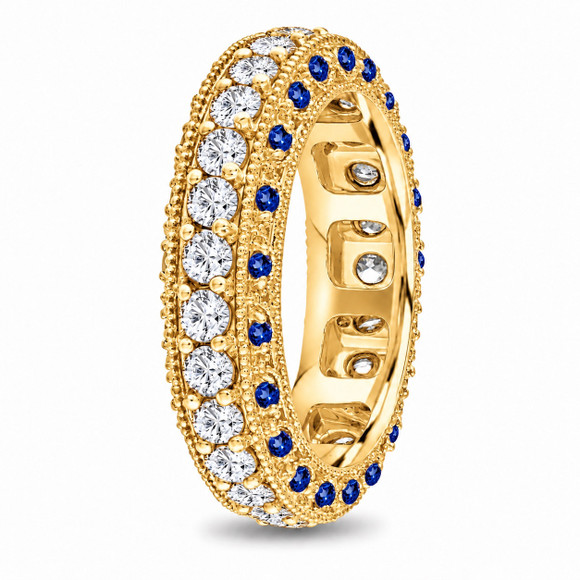 Sapphire and Diamond Eternity Wedding Band, Mens Anniversary Unique Ring, 6 mm Vintage Style 14K Yellow Gold 2.50 Carat