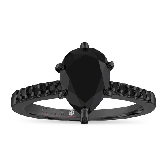 2.50 Carat Pear Shaped Black Diamond Engagement Ring, Bridal Ring, 14k Black Gold Unique Handmade Certified