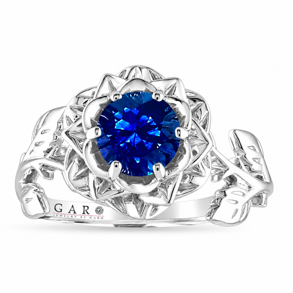 Sapphire Floral Engagement Ring Unique Rose Flower 1.02 Carat 14K White Gold Handmade Certified