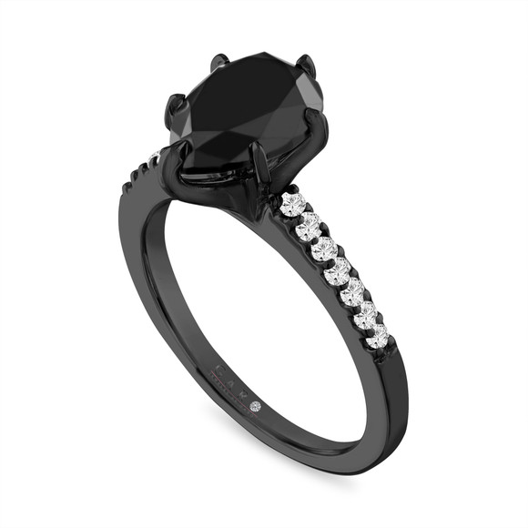 2.50 Carat Pear Shaped Black Diamond Engagement Ring 14K Black Gold Vintage Style Unique Certified Handmade