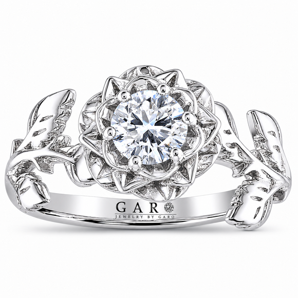 Floral Diamond Engagement Ring Unique Rose Flower Anniversary Ring, 0.50 Carat GIA Certified 14K Gold Handmade