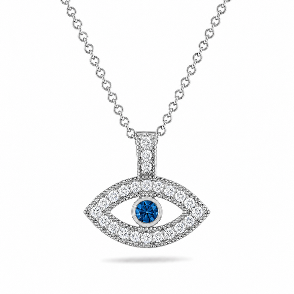 Blue Diamond Evil Eye Pendant Necklace, Unique 0.40 Carat 14K White Gold or Rose Gold, Yellow Gold Handmade