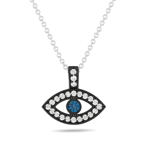 Blue Diamond Evil Eye Pendant Necklace 0.40 Carat Filigree Milgrain 14K Black Gold Handmad