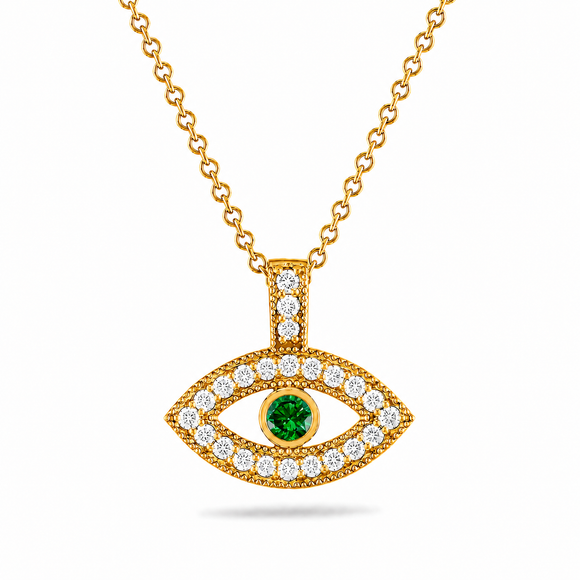 Green Diamond Evil Eye Pendant Necklace Unique Filigree Milgrain Handmade 14K White Gold Rose Gold Yellow Gold