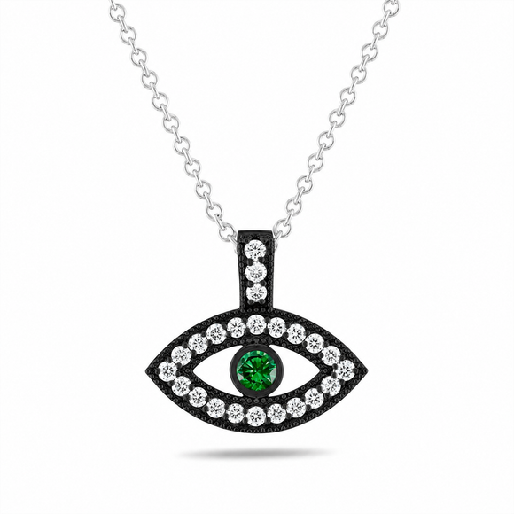 Green Diamond Evil Eye Pendant Necklace 0.40 Carat Filigree Milgrain Vintage 14K Black Gold Handmade