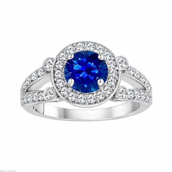 Sapphire Halo Engagement Ring Unique 14K White Gold 1.50 Carat Certified Handmade