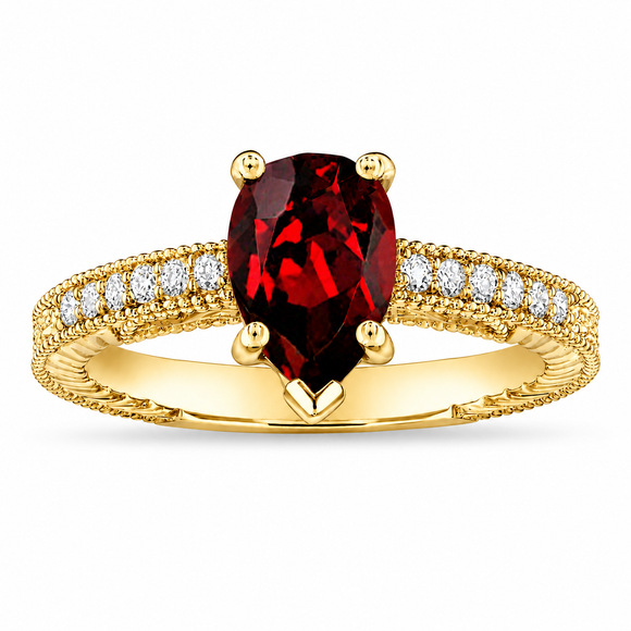 Pear Shaped Garnet Engagement Ring 1.52 Carat Vintage Filigree Milgrain Diamond Accent 14K White Gold Yellow Gold or Rose Gold Handmade Certified