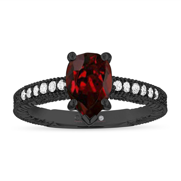 Pear Shaped Garnet Engagement Ring 1.52 Carat Vintage Filigree Milgrain 14K Black Gold Handmade Certified