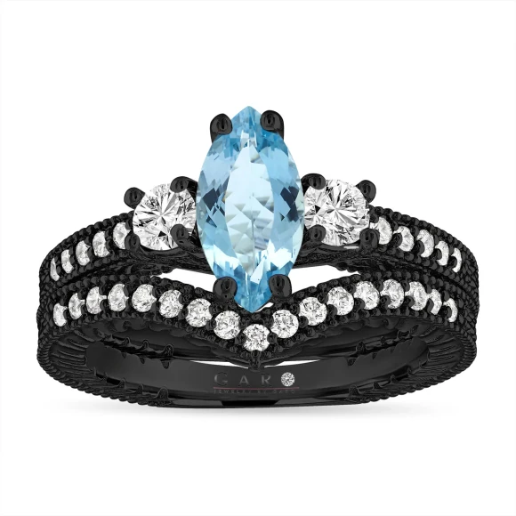 Aquamarine Marquise Engagement Ring and Wedding Band Sets 1.39 Carat Vintage 14K Black Gold Unique Handmade
