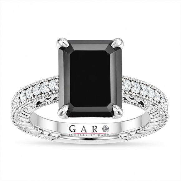 Emerald Cut Large Black Diamond Engagement Ring, Filigree Anniversary Ring 4.00 Carat 14K White Gold Unique Certified Handmade