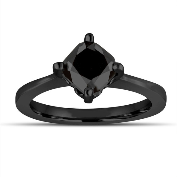 1.30 Carat Cushion Cut Black Diamond Solitaire Engagement Ring 14K Black Gold Vintage Style Unique Gallery Design Handmade Certified 