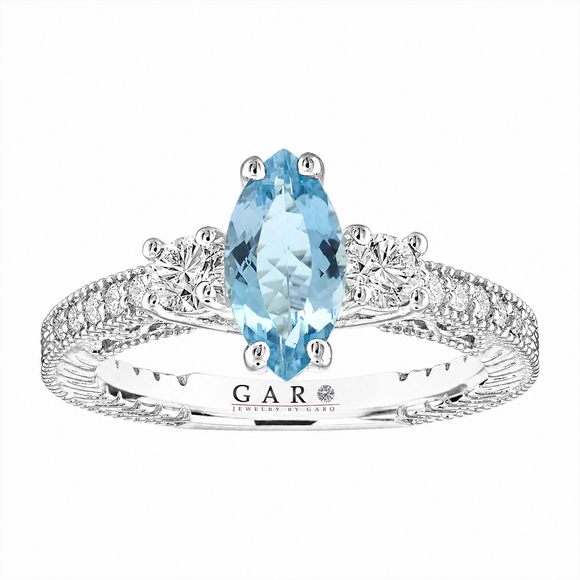 Marquise Aquamarine Engagement Ring 1.23 Carat Vintage 14K White Gold Unique Handmade Certified