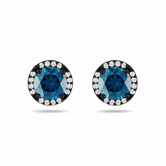Blue Diamond Halo Earrings, Micro Pave 2.18 Carat 14K Black Gold Vintage Style Unique Handmade Certified  