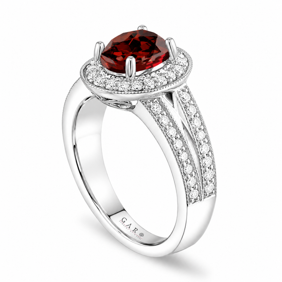 Oval Garnet Engagement Ring Unique Halo 14K White Gold 1.72 Carat Handmade Certified