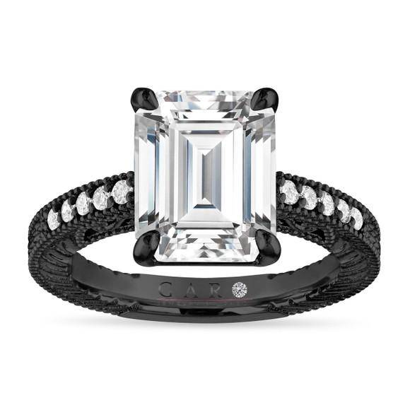 4.15 Carat Emerald Cut Lab Grown Diamond Engagement Ring IGI Certified Unique Filigree Vintage Style 14K Black Gold Handmade