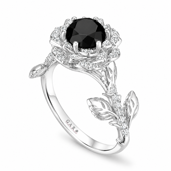 1.55 Carat Black and White Diamonds Rose Flower Engagement Ring Halo Unique Floral 14K White Gold, Rose Gold or Yellow Gold Handmade Certified