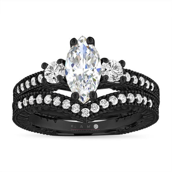 Marquise Lab Grown Diamond Engagement Ring And Wedding Band Set, 1.56 Carat 14K Black Gold Vintage Style IGI Certified Unique Handmade Marquise Lab Grown Diamond Engagement Ring And Wedding Band Set, 1.56 Carat 14K Black Gold Vintage Style IGI Certified Unique Handmade