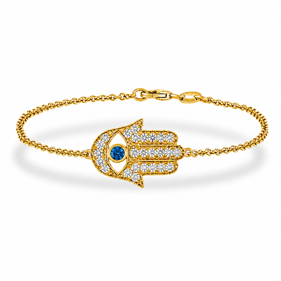 Hamsa Diamond Bracelet With Blue Diamond Accent, 18K Yellow Gold, White Gold or Rose Gold  0.93 Carat Handmade